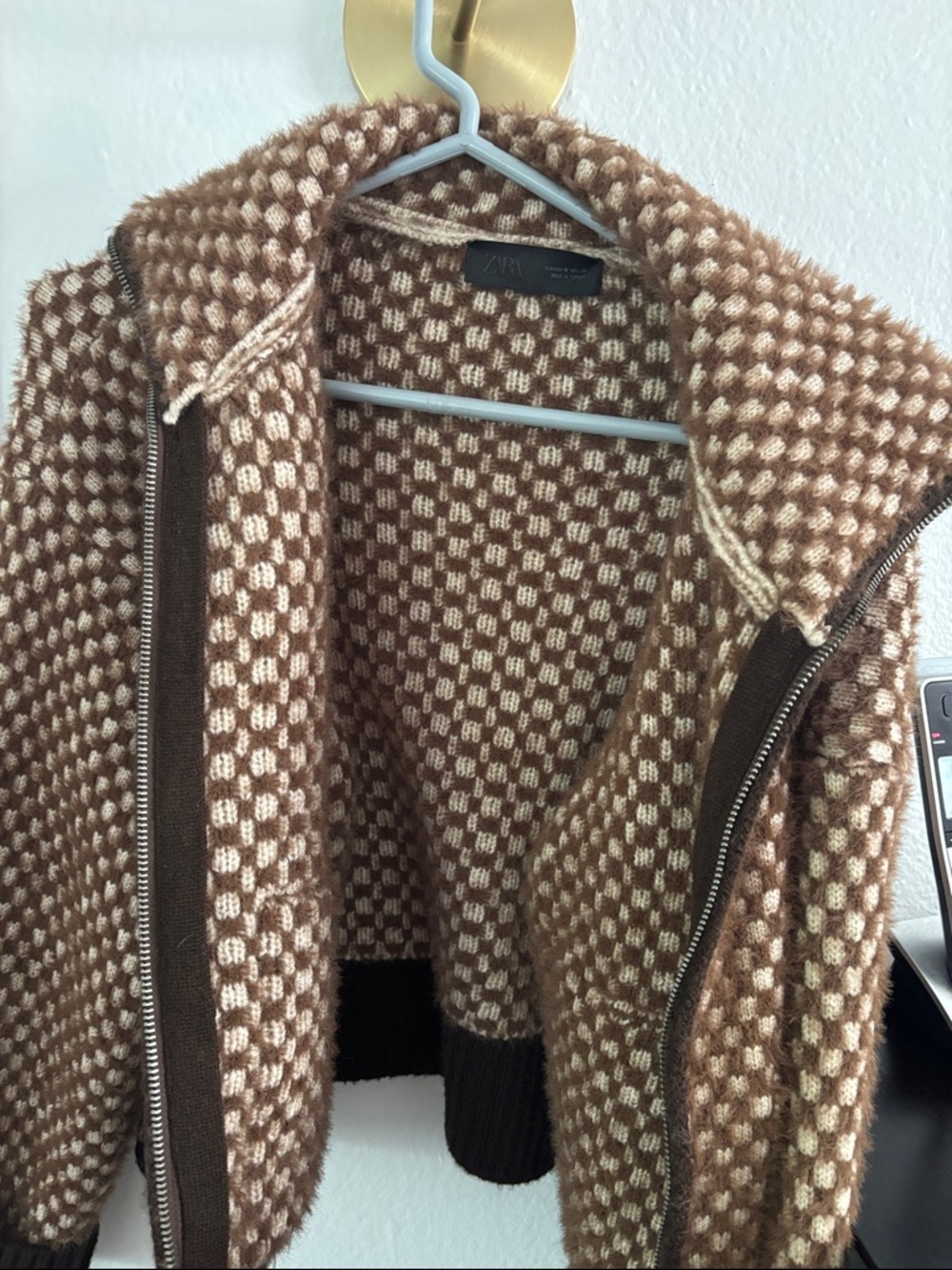 ZARA Brown & Cream Textured Zip Teddy Jacket